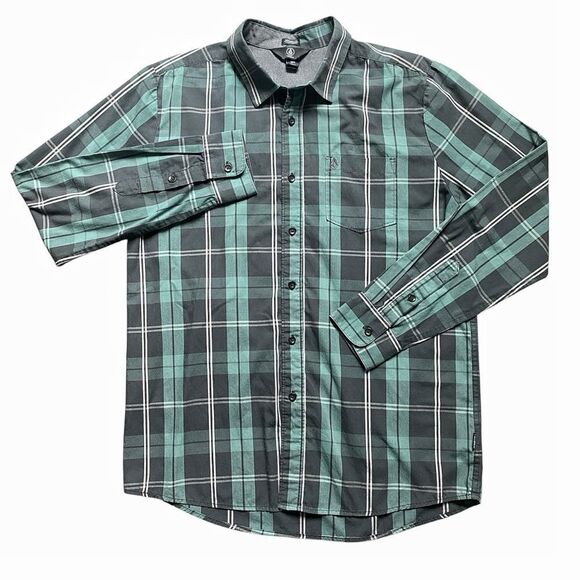 Volcom Plaid Button Down Modern Fit Large Men’s Green Gray - Picture 1 of 8
